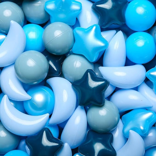 GOGOSO Ball Pit Balls Stars Moon Shapes Plastic Pitballs for Toddler Play Tent Baby Photo Props Kids Pool Water Toys Kiddie Pool Party Decor,Gradient Blue, 100pcs