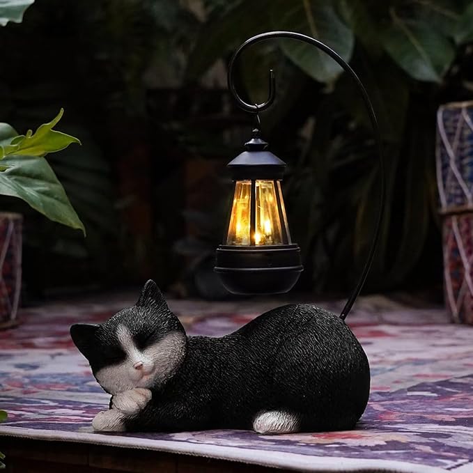 Solar Cat Statues with Lantern for Garden Outdoor Statue, Garden Lawn Outdoor Cat Statue, Cat Figurines Crafted Garden Sculptures & Statues for Patio, Yard, Lawn & Porch Gardening Gifts for Mom(13")