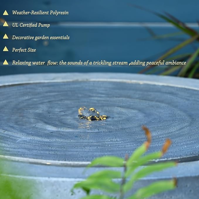 Garden Water Fountain Outdoor Large Round Bubbler Water Feature Indoor with Lights & Pump and Pebbles Concrete Effect for Patio Pool Pond Yard Home Decor Gray, 25 "L X 25" W X 17.5" H