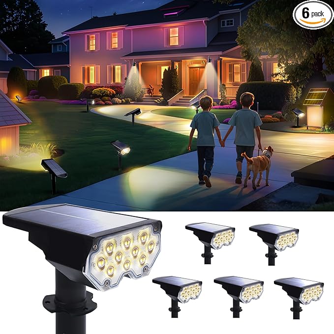 Solar Power Spotlight Outdoor Waterproof Landscape LED Accent Lighting for Yard, Tree, Plants, Walls, Path, Garden, Statues, Adjustable Brightness,Dusk to Dawn Long Lasting 6 Pack Warm White