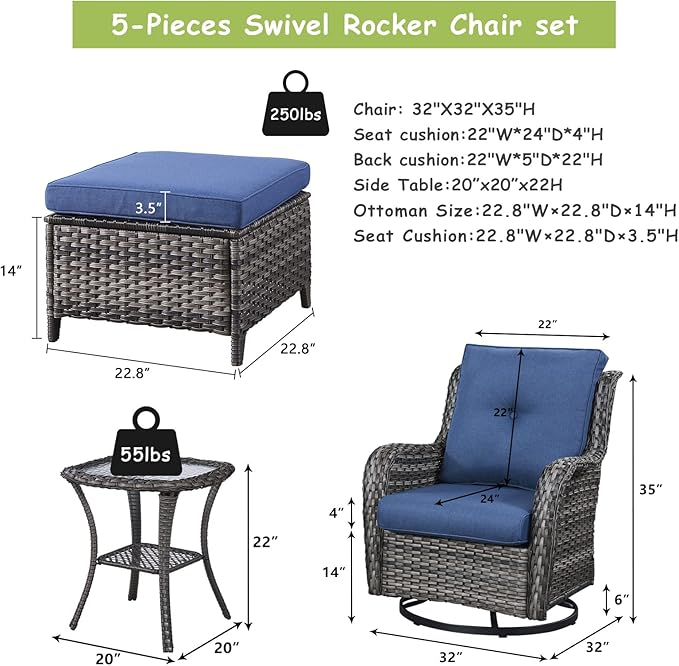 Outdoor Wicker Patio Furniture Set - 5 Pieces Rattan Patio Conversation Set with 2 Rocking Swivel Chairs,2 Ottomans and 1 Side Table for Porch Deck Backyard Garden(Mixed Grey/Blue)
