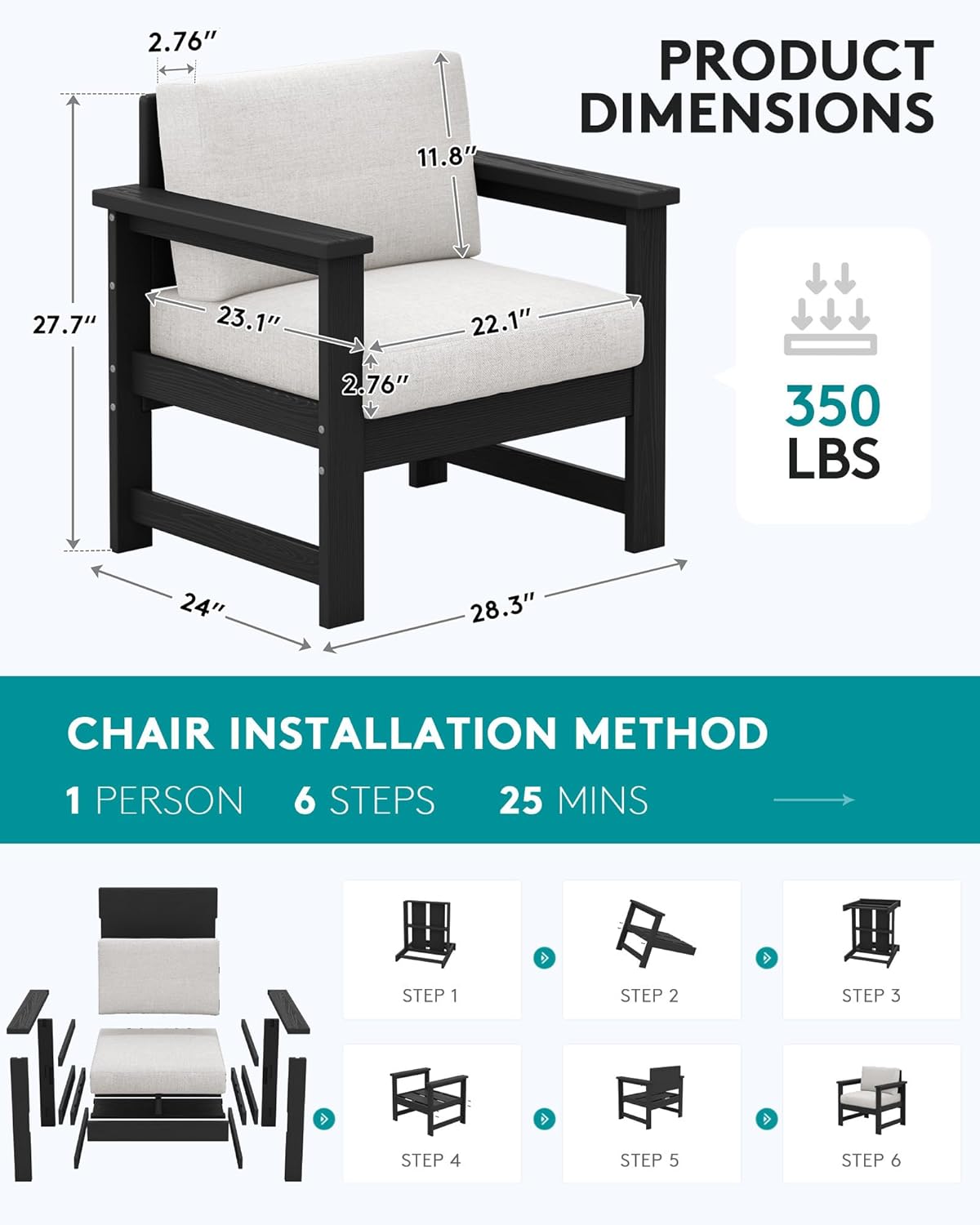 SERWALL 2 Pieces Single Cushioned Sofa Armchair, Black HDPE Adirondack Outdoor Sofa Lounge with Khaki Cushion