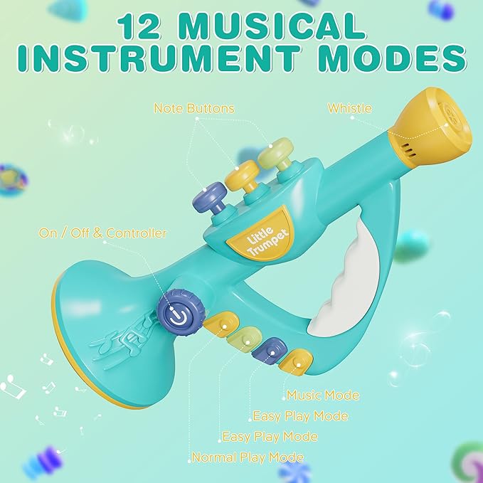 Contixo KT2 Musical Trumpet Toy for Kids, Blue Baby Educational Music Toys with Light Effects, Adjustable Volume, Multiple Rhythms, Easy Play Modes, Realistic Whistle Sounds for Toddler Boys Girls