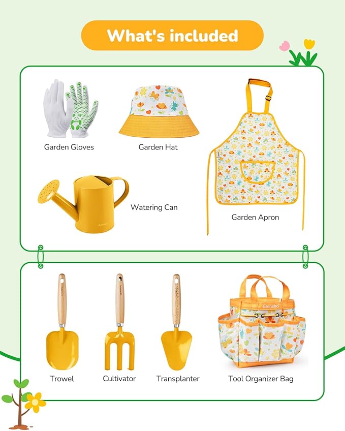 Kids Gardening Set Toys,Includes Metal Trowel,Transplanting Shovel,Garden hat,Rake,Apron,Gloves,Watering Can,and Tool Organizer Bag (Yellow)