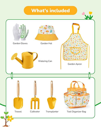 Kids Gardening Set Toys,Includes Metal Trowel,Transplanting Shovel,Garden hat,Rake,Apron,Gloves,Watering Can,and Tool Organizer Bag (Yellow)