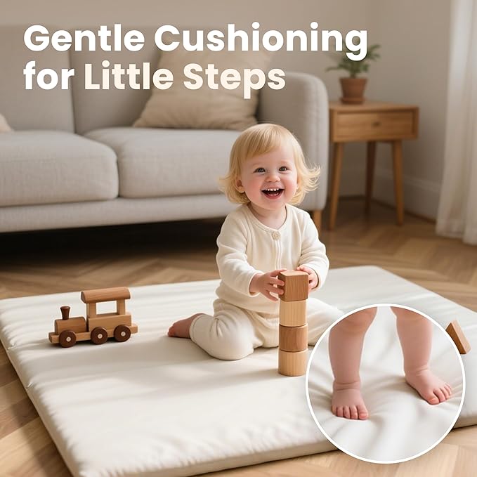 Baby Play Mat 50x50 Inches,1.3" Thick Padded Waterproof Floor Cushion & Playpen Mat with Vegan Leather,Non-Slip & Non-Toxic Nursery Rug for Infants, Toddlers & Kids(Cream)