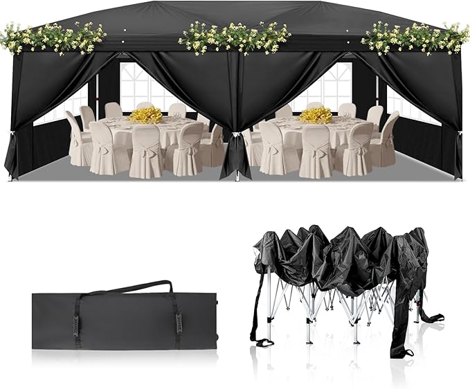 Outvita 10x20ft Pop Up Canopy Tent, Outdoor Instant Shelter Folding Canopy with 6 Side Walls and Carry Bag for Commercial Events, Party, Backyard BBQ, Camping Black