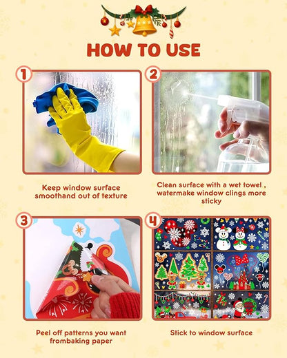Christmas Window Clings - 9 Sheets 166 Pcs Cute Xmas Decorations for Winter Holiday Home Party, Santa Snowman Tree Snowflake Gingerbread Stickers for Glass, Double-Sided Static Window Decals