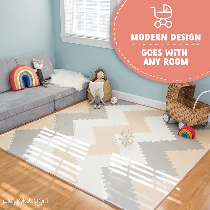 Play Platoon Non-Toxic Extra-Thick 96 Piece Triangle Play Mat - Comfortable 6x6ft Cushiony Foam Floor Puzzle Exercise Mat for Kids & Toddlers - Sand, Gray & Cream