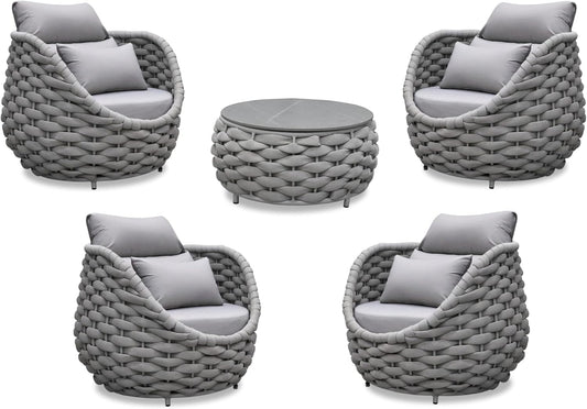 Front Porch Furniture Set: 5 Pieces Aluminum Patio Conversation Set All Weather - Cushioned Outdoor Sofa Set Assembled - Modern Metal Couch Seating for 400lbs Deck Garden Poolside Hotel - Gray