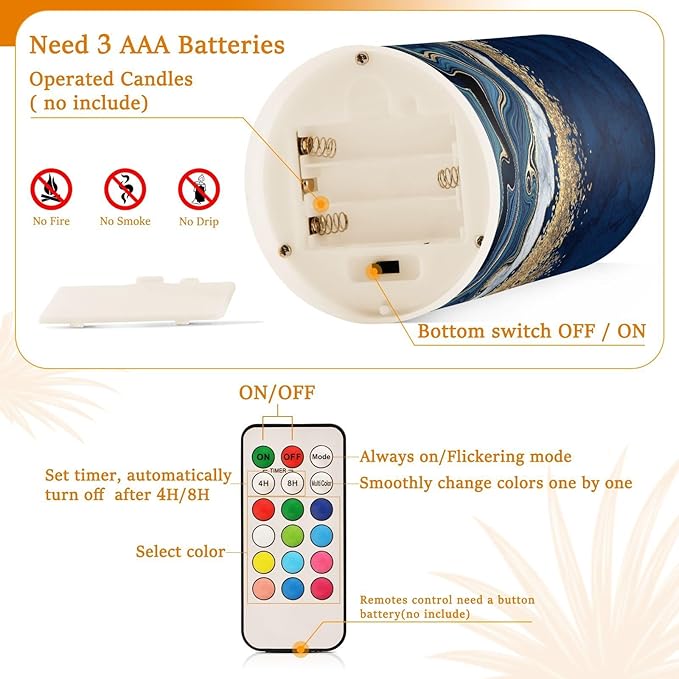 Flickering Flameless Candles, Navy Blue Marble Golden Veins LED Candles with Remote Timer, Set of 2 Battery Operated Candle for Valentine Wedding Birthday