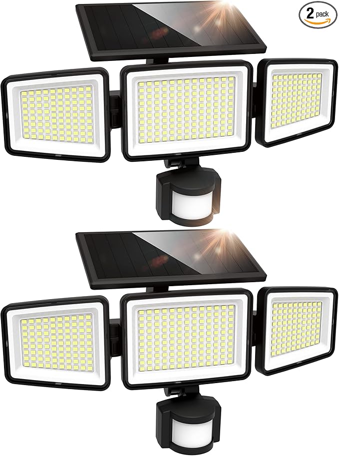 UME Solar Outdoor Lights 302 LED 3000LM, IP65 Waterproof Motion Sensor Outdoor Lights, 3 Heads Solar Security Flood Lights 270 Wide Lighting Angle with 3 Modes for Garden Patio Yard - 2 Pack