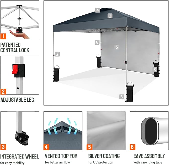 CROWN SHADES 10x10 Pop Up Canopy with 1 Side Wall - Beach Tent with One Push Setup - Outdoor Sun Shade for Events, Parties, Camping - Gazebo with STO-N-Go Cover Bag (Grid Grey)