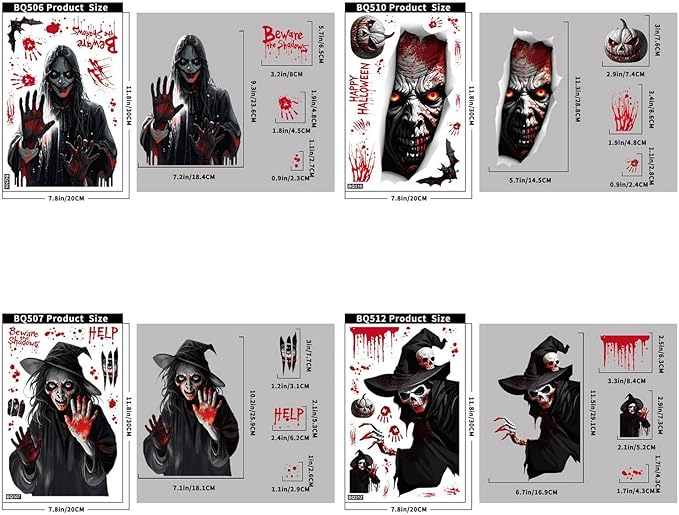 Halloween Window Clings Stickers for Glass Halloween Decals Decorations Scary Ghost Skull Pumpkin Window Sticker with Bloody Handprint Bat Designs for Spooky Party DIY Decor Supplies