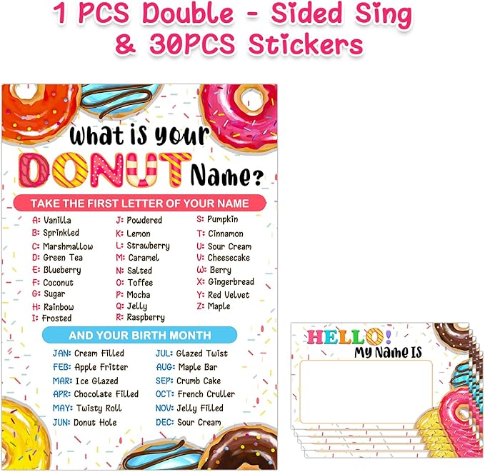 What is Your Donut Name Game, Game Sign and 30 Cards, Donut Birthday Party Sign for Girls, Wedding, Anniversary, Holiday Activity, Kids Donut Activity Cards