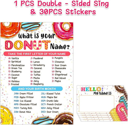 What is Your Donut Name Game, Game Sign and 30 Cards, Donut Birthday Party Sign for Girls, Wedding, Anniversary, Holiday Activity, Kids Donut Activity Cards