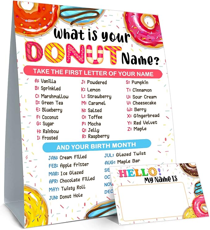 What is Your Donut Name Game, Game Sign and 30 Cards, Donut Birthday Party Sign for Girls, Wedding, Anniversary, Holiday Activity, Kids Donut Activity Cards