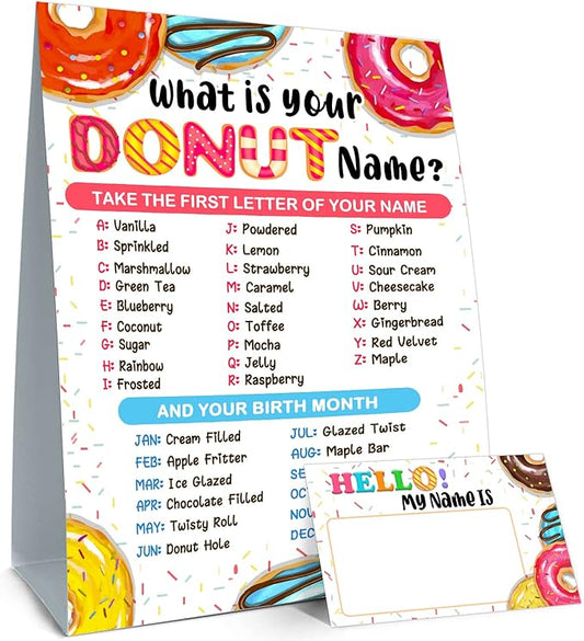What is Your Donut Name Game, Game Sign and 30 Cards, Donut Birthday Party Sign for Girls, Wedding, Anniversary, Holiday Activity, Kids Donut Activity Cards