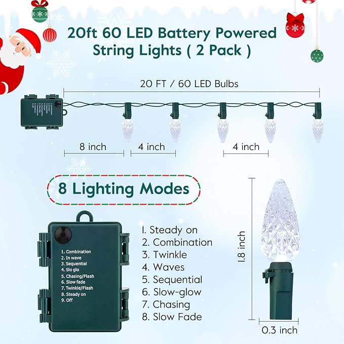 C6 LED Christmas String Lights, 20 ft 60 LED Battery Operated Faceted Strawberry Lights, Waterproof for House Roof Roofline Christmas Tree, White, 2 Pack