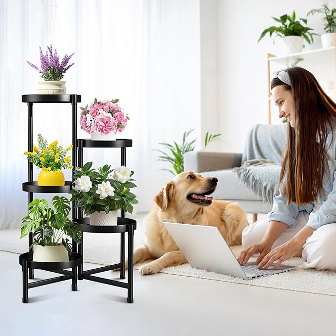 Plant Stand Indoor Outdoor,5 Tier Foldable Corner Tall Plant Shelf for Multiple Plants,Black Metal Tiered Plant Stand Sturdy and More Balanced,for Garden Patio Lawn Balcony