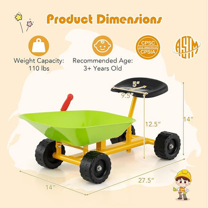Costzon Kids Ride-on Sand Dumper, Children Outdoor Sandbox Toy w/Ergonomic Handle & 4 Wheels, Heavy Duty Steel Digging Metal Garden Play Tool for Boys Girls, Kids Wheelbarrow (Light Green)