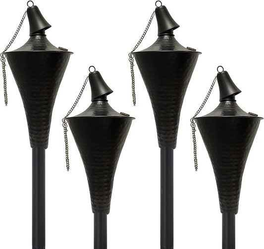 Set of 4, Oahu Premium Metal Outdoor Torches for Patio, Lawn and Garden - Tiki Style Metal Torch/w Snuffer, Fiberglass Wick & Large 16oz Oil Lamp - 53" Tall (Hammered Black)