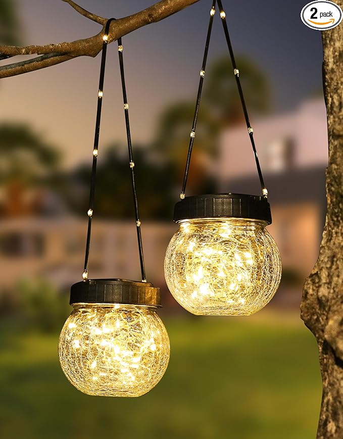 Solar Lantern Solar Lights Outdoor Waterproof 2-Pack, Solar Powered Hanging Lights Cracked Glass Hanging Globes for Christmas Decoration, Shepherd Hook, Garden Tree Ornaments