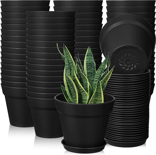 Mumufy 54 Pack 4 Inch Plant Pots Bulk Small Planter with Drainage Hole and Saucer Small Plastic Pots for Flowers Succulent Cactus and All House Indoor(Black)