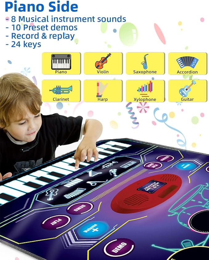 SUNLIN 2-in-1 Music Jam Mat, Music Learning Toy for Boys Girls 3-6, Drum Set + Piano Mat, Toddler Birthday Gift 3 4 5 6 Years, Record & Playback, Built-in Songs, 8 Instrument Sounds, Volume Control