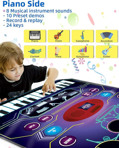 SUNLIN 2-in-1 Music Jam Mat, Music Learning Toy for Boys Girls 3-6, Drum Set + Piano Mat, Toddler Birthday Gift 3 4 5 6 Years, Record & Playback, Built-in Songs, 8 Instrument Sounds, Volume Control
