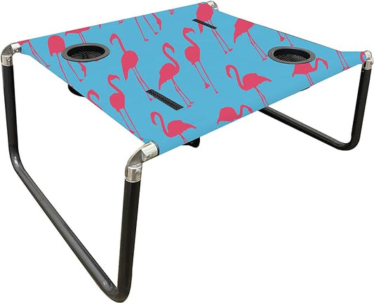 Neso Portable Beach Table with Cup Holders, Cell Phone Pockets, Lightweight for Picnics and Parks (Flamingos)