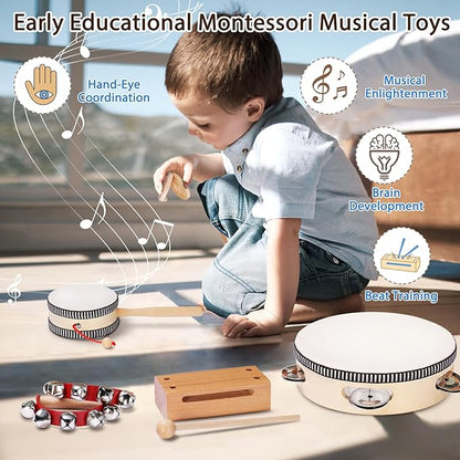 LOOIKOOS Toddler Musical Instruments Montessori Natural Wooden Percussion Instruments for Kids Preschool Educational Musical Toys Set for Boys and Girls with Storage Bag