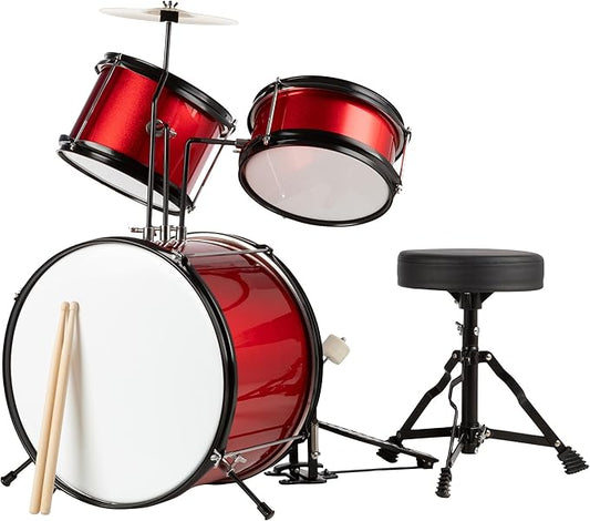 Hey Play Kids 3-Piece Drum Kit - Cymbal, 2 Toms, Bass Drum and Pedal, Drumsticks, and Throne - Beginner Musical Instruments (Red)