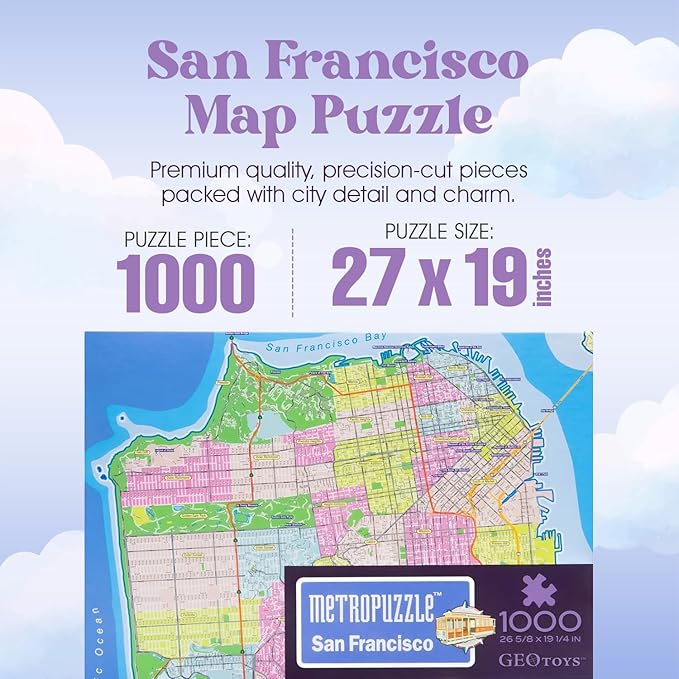 GeoToys Metropuzzle, San Francisco Jigsaw Puzzles 1000 Pieces - 27 x 19 Detailed Geography Puzzle, Challenging Adult Puzzle, Fun Puzzles for Adults, Map Poster Included for Adults
