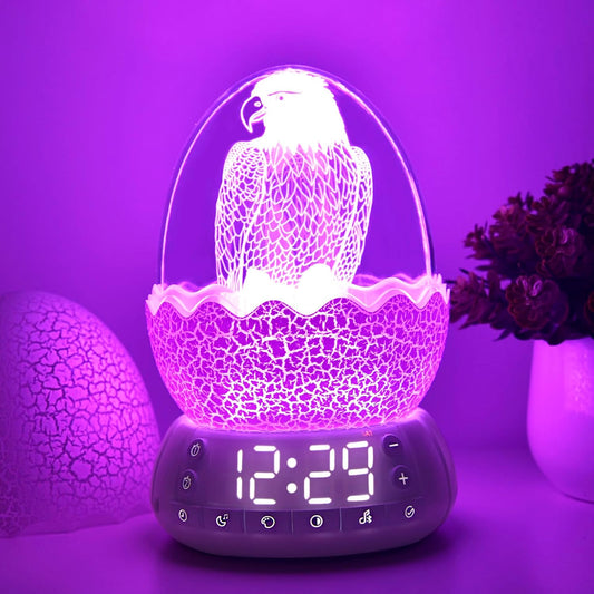 Kids Fun Alarm Clock with Night Light for Bedroom,16 Sleep Sounds Noise Machine& Bluetooth Speaker, 8-Color Dimmable Wake-Up Light with 10/30/60 Minutes Timer, Egg Decorative Light Gift for Boys Girls