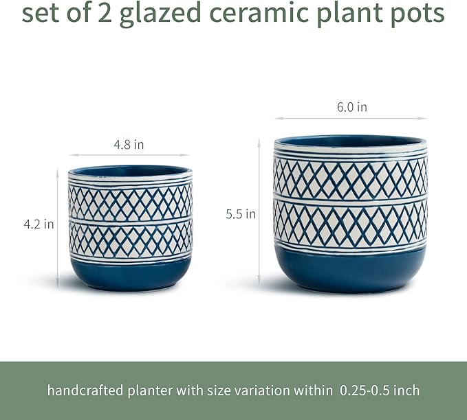 Ceramic Plant Pots, 6 + 4.7 inch Blue Plant Pot, Flower Pots for Indoor Plants， Planter with Drainage Hole for Succulent Orchid Snake Plants Cactus