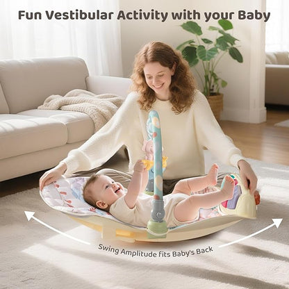 Baby Play Gym Mat with Multifunction Piano Music Box, Rocking Egg-Shaped Baby Activity Gym, Baby mat for floor with 4 Hanging Sensory Baby Toys, Early Sensory Development Play Mat for Infant & Newborn