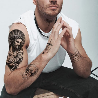 77 Sheets Christian Temporary Tattoo for Women Men, 17 Sheets Half Arm Religious Cross Jesus God Angels Fake Tattoos for Adult Arm Chest, 60 Sheets Christ Tiny Realistic Tattoos Stickers for Kids