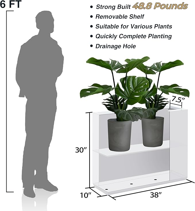 Metallic Heavy Planter for Outdoor Plants, 38Lx10Wx30H Inches Tall and Long Metal Divider Planter Box with for Outside & Indoor, Seamless (White)