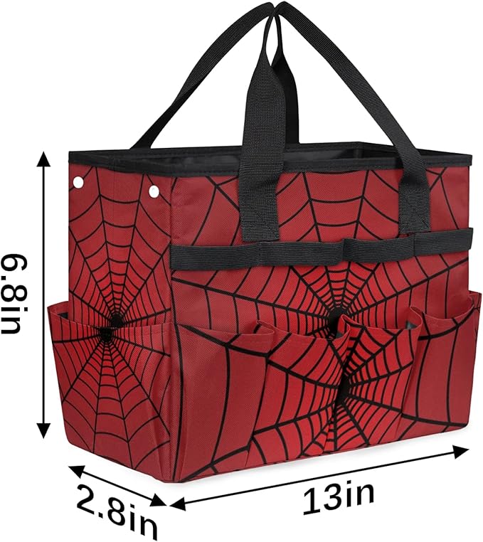 Spiders Web Red Gardening Tool Bag,Heavy Duty Garden Tote Bag,Portable Oxford Gardening Storage Basket Organizer Handbag with Pockets Handle,Hand Tools Gifts for Outdoor Garden Lawn