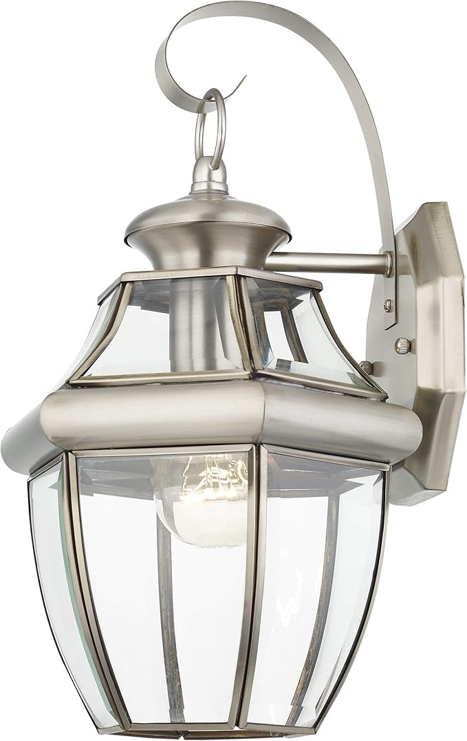 Livex Lighting 2151-91 Monterey 1 Light Outdoor Brushed Nickel Finish Solid Brass Wall Lantern with Clear Beveled Glass 13" x 8.5" x 8.25"