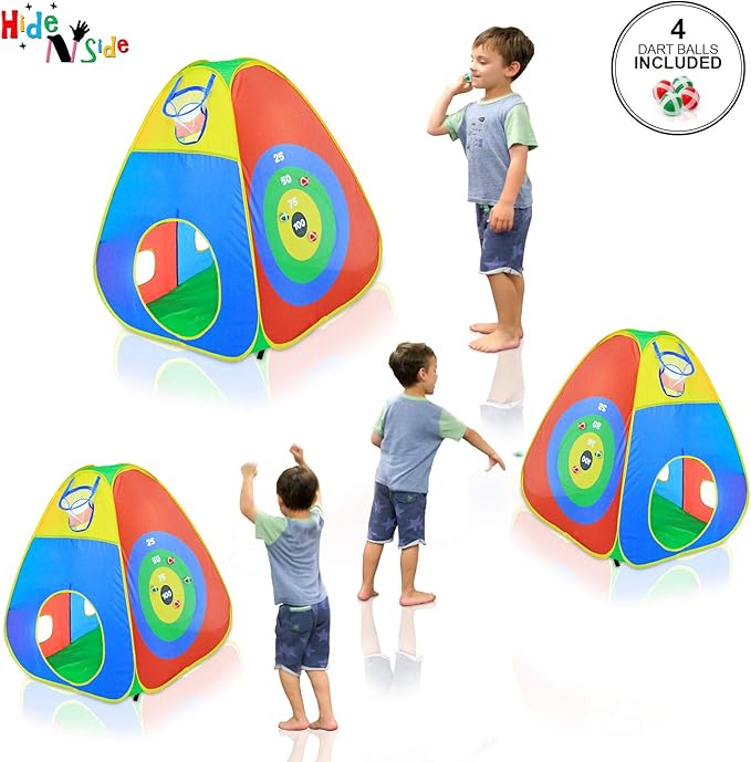 Hide N Side 5pc Kids Ball Pit Tents and Tunnels, Toddler Jungle Gym Play Tent with Play Crawl Tunnel Toy, for Boys Babies Infants Children, Indoor Outdoor Gift, Target Game w/ 4 Dart Balls