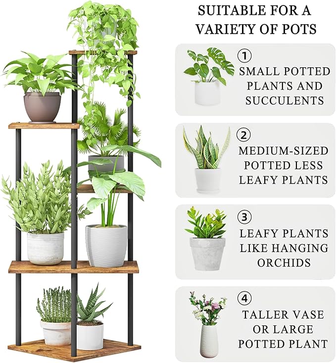 Plant Stand Indoor 5-Tier Metal Wood Plant Shelf for Multiple Flower Pots Corner Tall Flower Holders for Living Room Balcony Bedroom, Brown