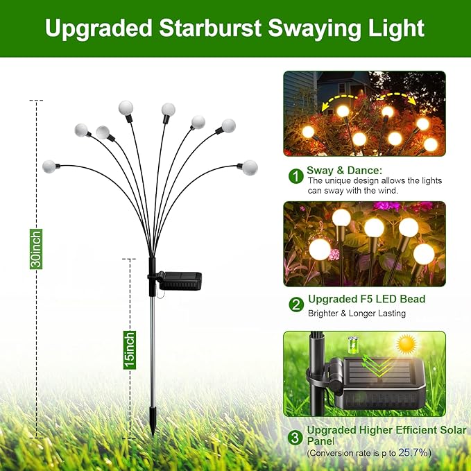 LETMY 6 Pack 48 LED Solar Garden Lights, Upgraded Swaying Firefly Lights Outdoor Waterproof for Outside Garden Decor Yard Patio Decorations, Larger Solar Panel & Bigger Bulb Base