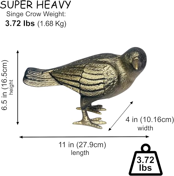 NACH Cast Iron Crow Statue, Head to Side Raven, Large Garden Statues, Crow Garden Sculpture, Bird Figurines Home Decor, Crow Decor, Raven Decor, Gold Bird Statue, 4 x 11 x 6.5 inches, JS-90-7115AG