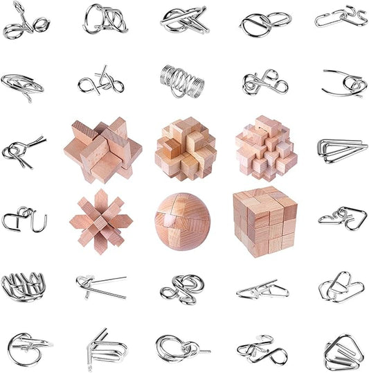 RLYLF 30Pcs Brain Teaser Puzzles Games Educational Toys Mind Wooden and Metal 3D Puzzles Unlock Interlock IQ Box