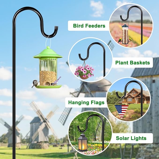 60" Shephards Hook for Outdoor, Heavy Duty Bird Feeder Pole with 7 Base Prongs, Adjustable Shepherds Hook for Hanging Bird Feeder, Solar Light Lanterns, Garden Plant Hanger Stands,2 Packs