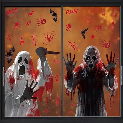 Halloween Ghost Window Clings Horror Bloody Handprints Spooky Ghost Slap The Window Double Sided Large Spooky Designs Halloween Bat Pumpkin Windows Clings for School Home Office Party Supplies Decor