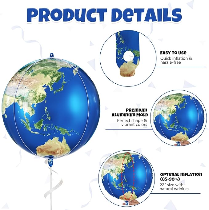 6 Pcs Globe Earth Balloons, 22 Inch Big World Map Foil Balloons, Planet Large Round Sphere Balloon for Travel Adventure Earth Day Birthday Party Decorations