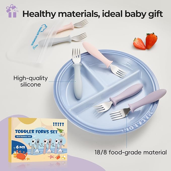 6 PCS Toddler Forks Set - Baby Forks with Silicone Handle Children Food Grade 18/8 Stainless Steel Toddler Utensils Set for Self Feeding Kids Silverware Set Safe Anti-Choke Design Dishwasher Safe